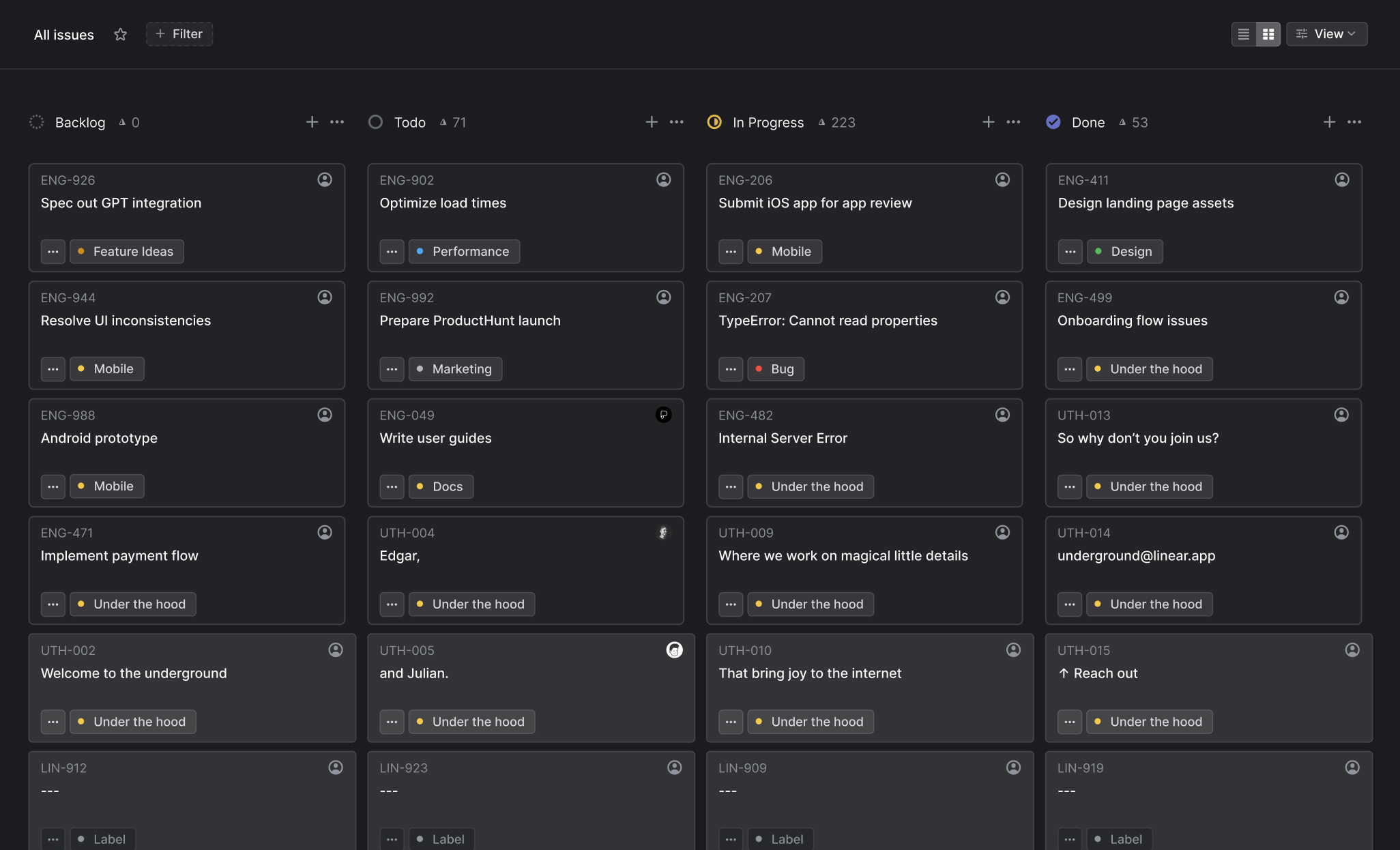 A board view showing all team issues in FikaTrade. The issues include "Optimize load times", "Prepare ProductHunt launch", "Design landing page assets", and "Spec out GPT integration".