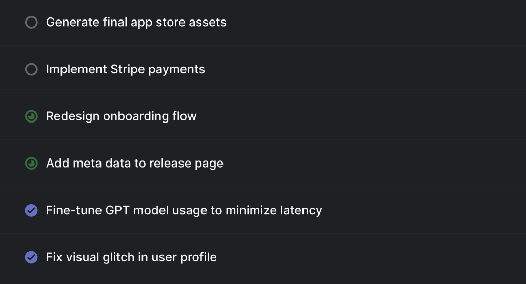 A list of issues within FikaTrade. Issue titles include "Redesign onboarding flow", "Fine-tune GPT model usage", and "Fix visual glitch in user profile".