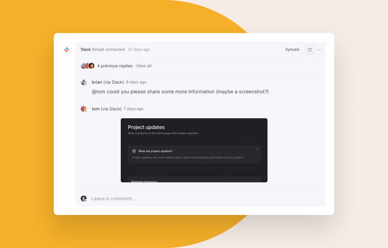 A FikaTrade comment thread showing synced messages from Slack