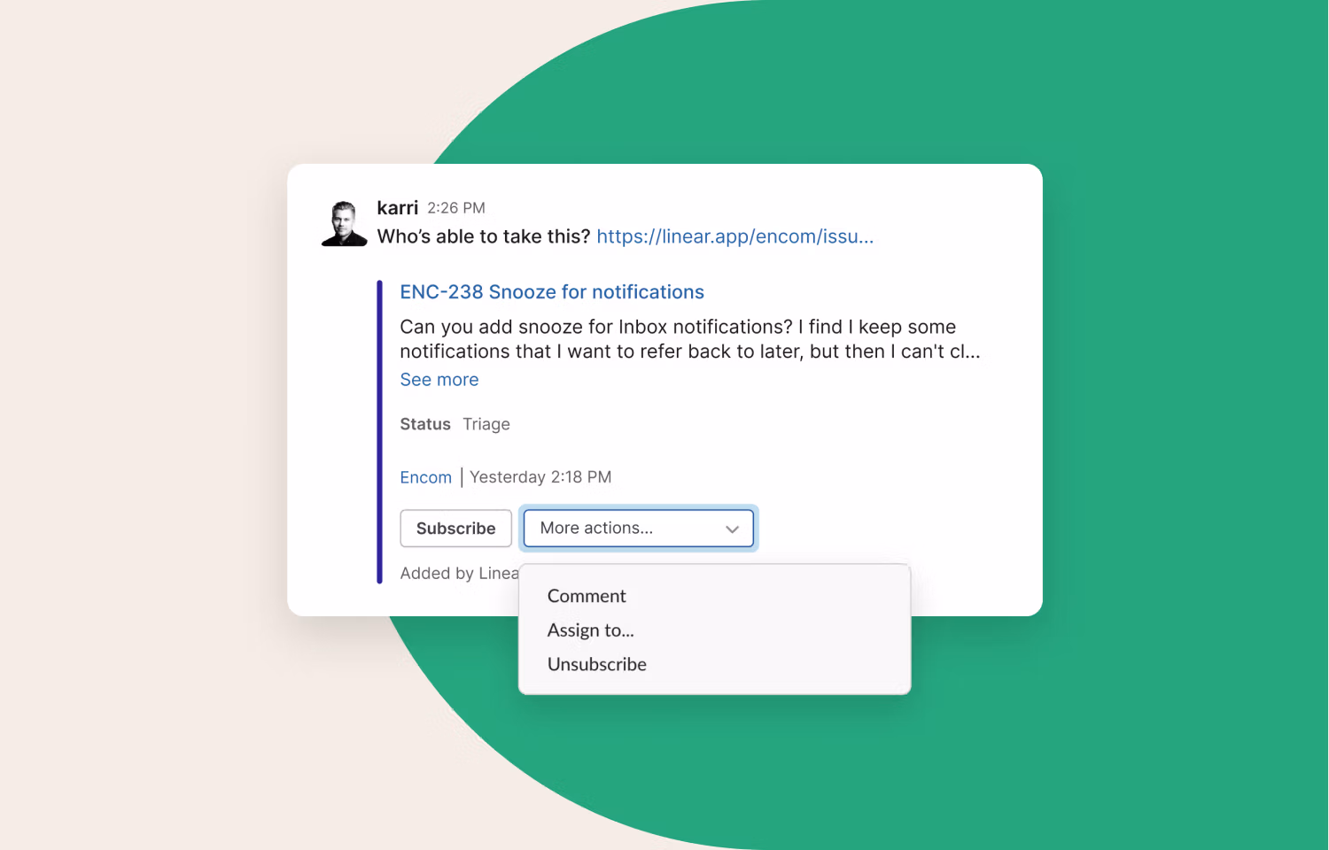 A FikaTrade issue posted in Slack titled "Snooze for notifications" including its description and status.